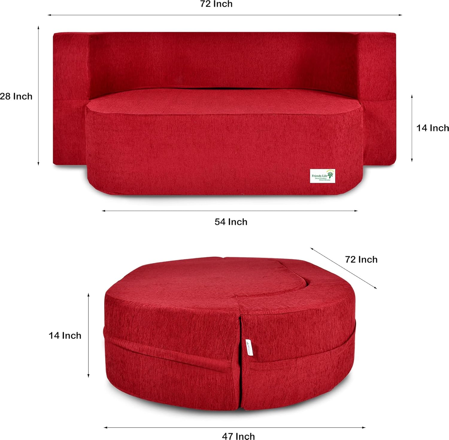 3 Seater Sofa Cum Bed with 3 Pillow Jute Finish Fabric, Maroon (47X72X14) inches