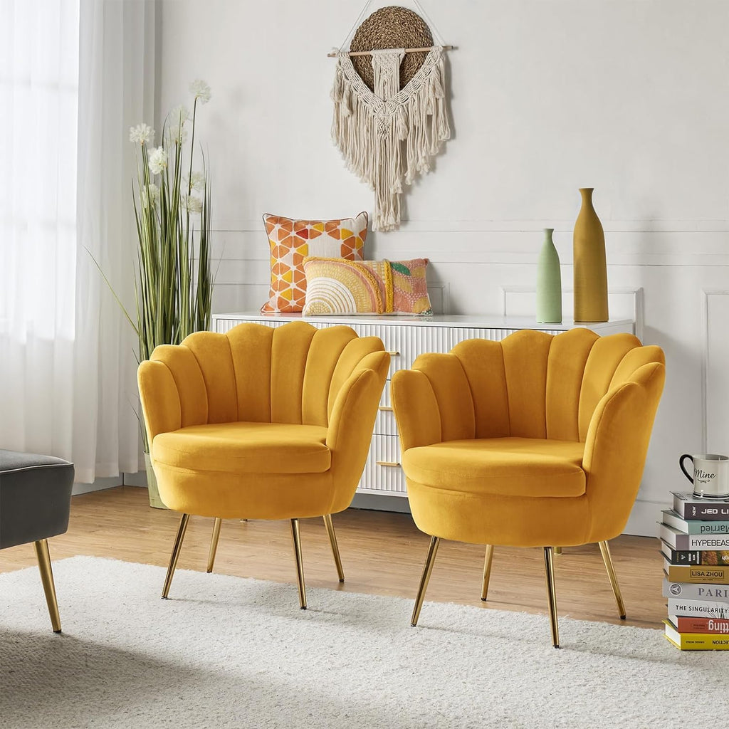 Barrel Chair with Golden Legs Armchair, Modern Sturdy Arm Chair Durable Upholstered Chair Wooden Armrest Chair for Living Room Bedroom Hotel Reading (Set of 2 Chairs (Yellow)