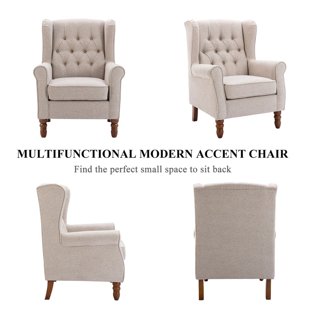 Button-Tufted Small Wingback Accent Chair with Rolled Arm and Thick Padded Cushion
