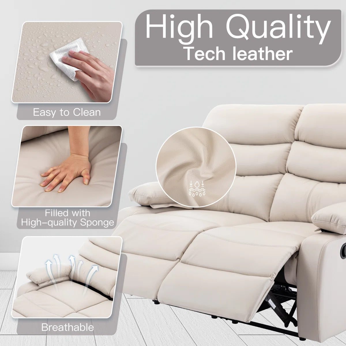 Loveseat Recliner Sofa 2 Seater Reclining Chair with Footrest Color Cream White (Cream)