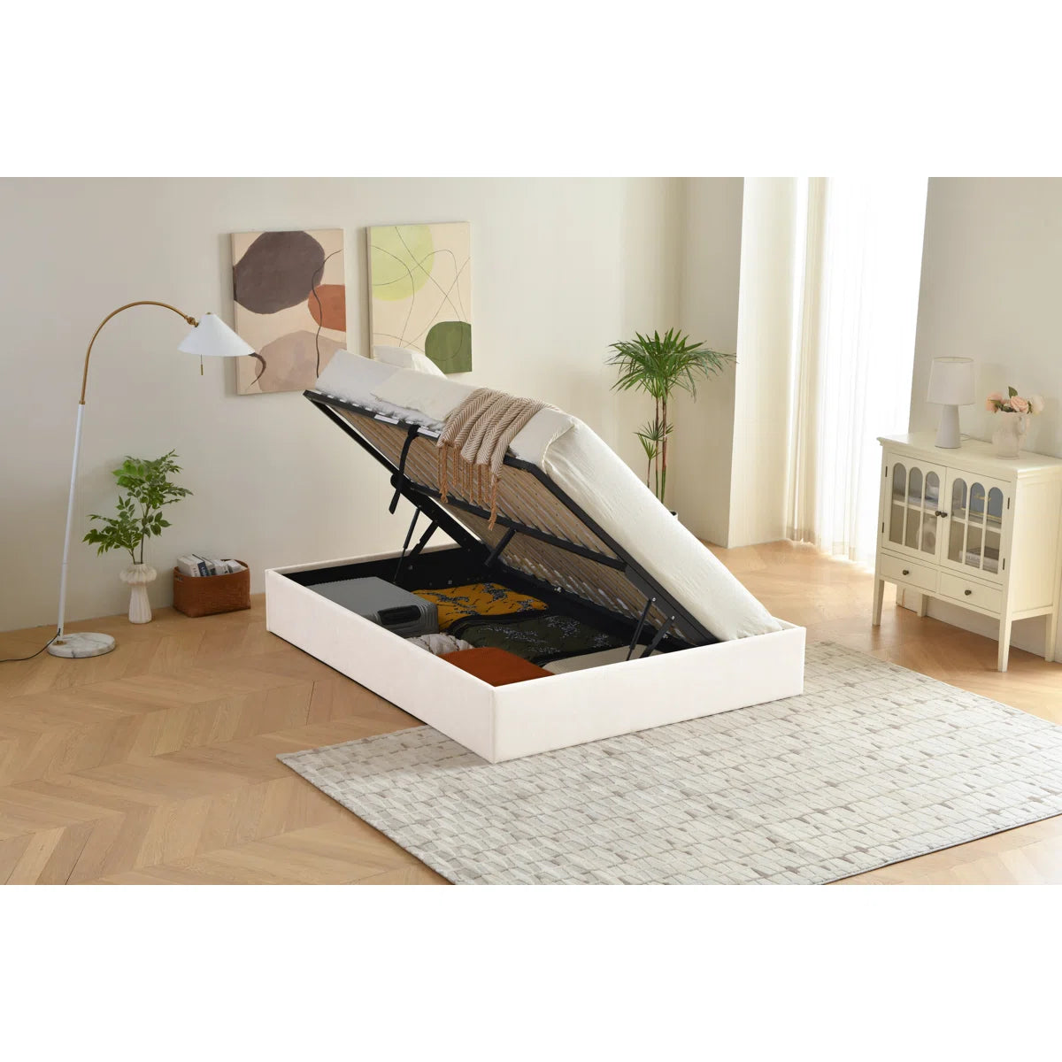 Aristedes Side Lift Up Platform Storage Bed Cream