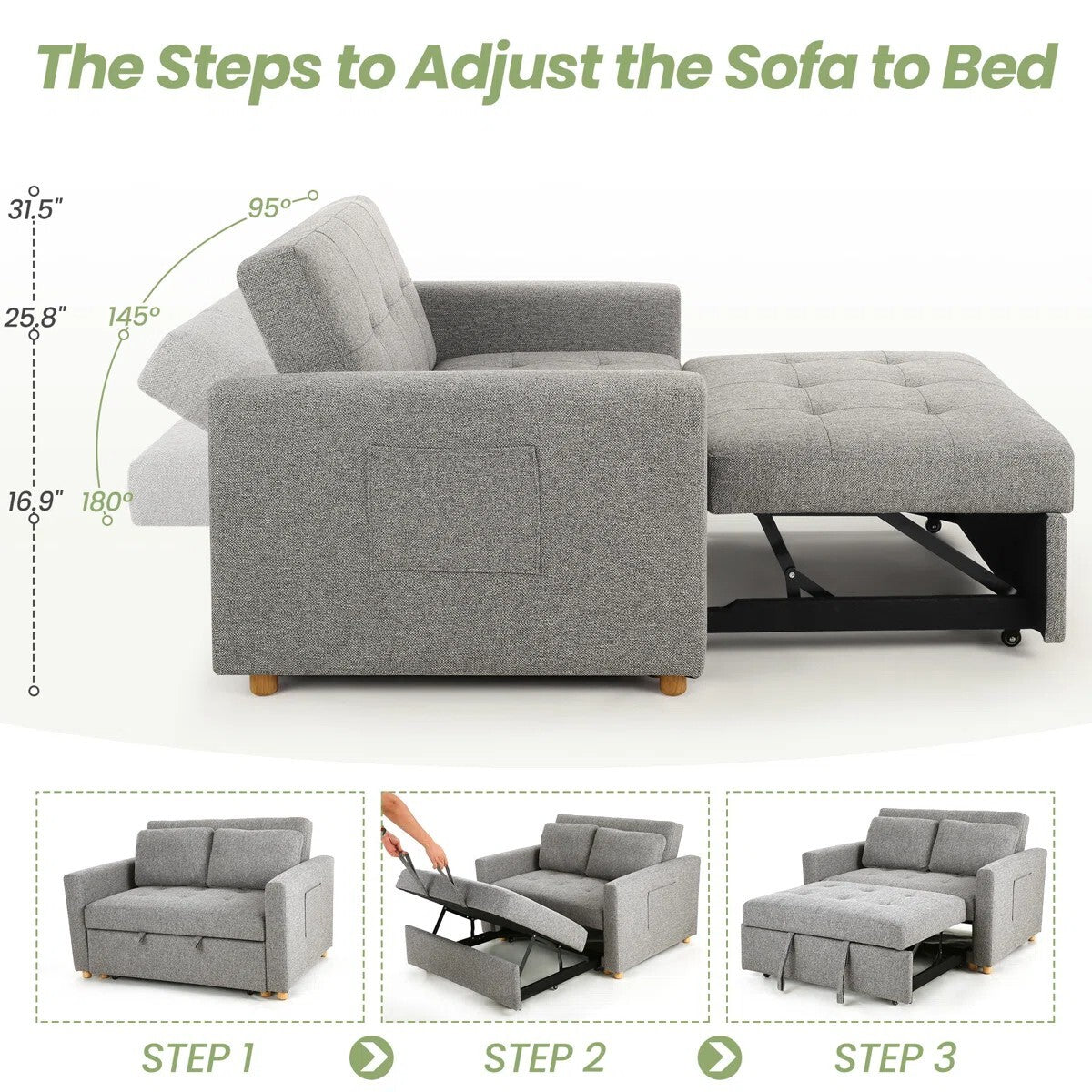 Dharius 48.5" Convertible Sofa Bed 3-in-1 Upholstered Reclining Sleeper Sofa Couch Bed with Cushions Color Grey