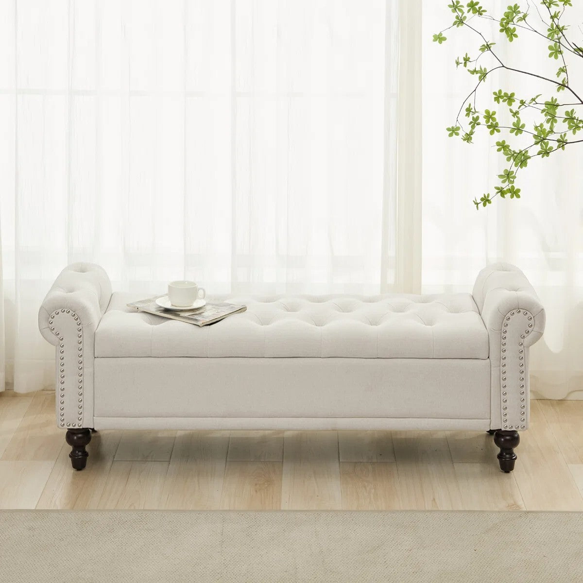 FRIENDS LIFE Segmented Storage Compartments Bedroom Bench, Ottoman Storage Bench | Velvet/Line Fabrics Multipurpose Settee for Living Room Casual Rectangular Color Beige