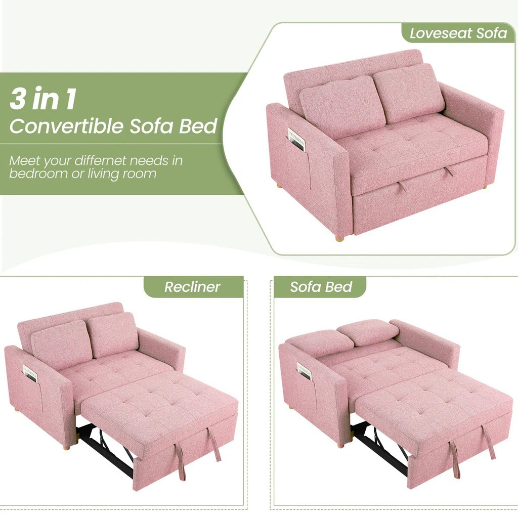 FRIENDS LIFE Dharius 48.5" Sofa Cumbeds 2 Seater Convertible 3 in 1 Upholstered Reclining Sleeper Sofa Cum Bed with Cushions Color Pink