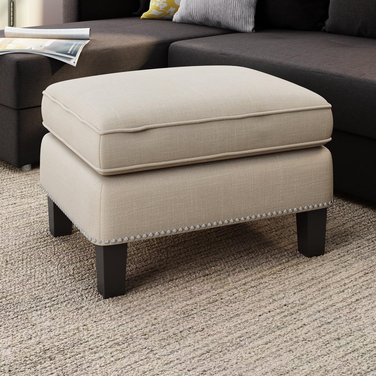 26'' Ottoman with Square Upholstered Chaise Sectional with Ottoman (Beige)