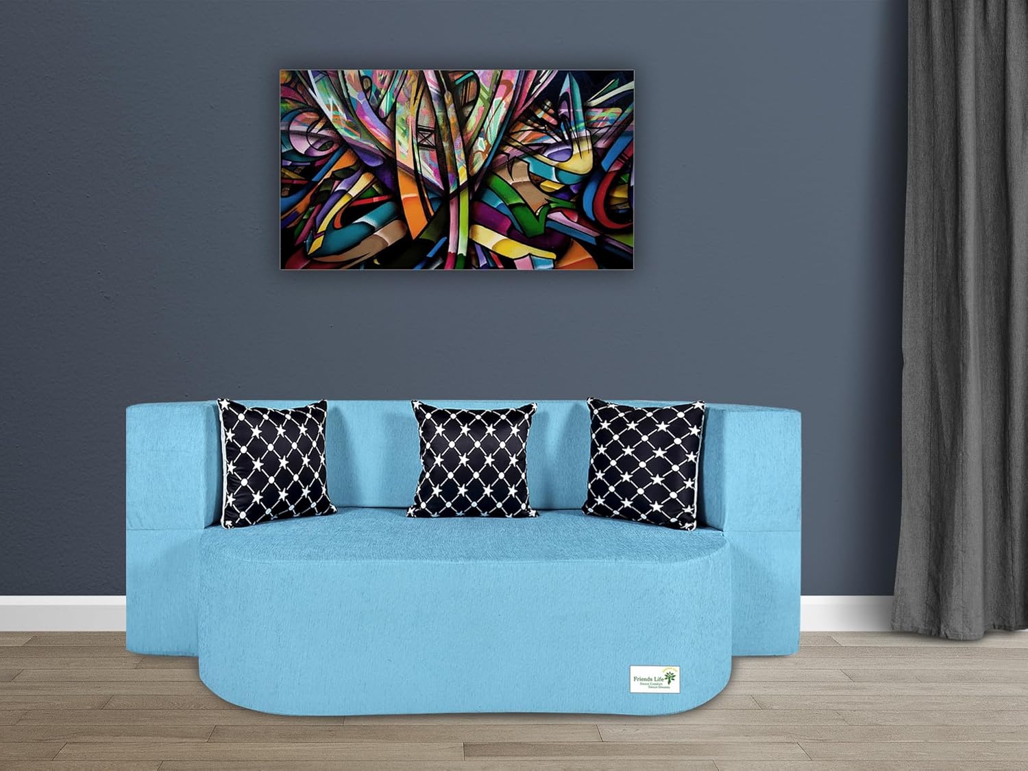 FRIENDS LIFE 3 Seater Sofa Bed with 3 Pillow Jute Finish Fabric, Blue (47X72X14)