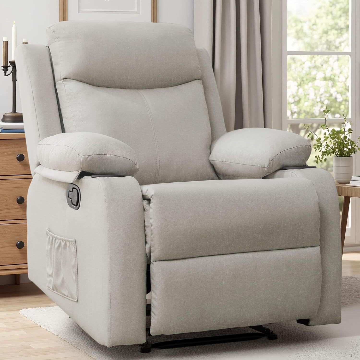 FRIENDS LIFE Recliner Sofa | Small Recliners for Small Spaces, Manual Recliner with Cup Holders and Side Pockets