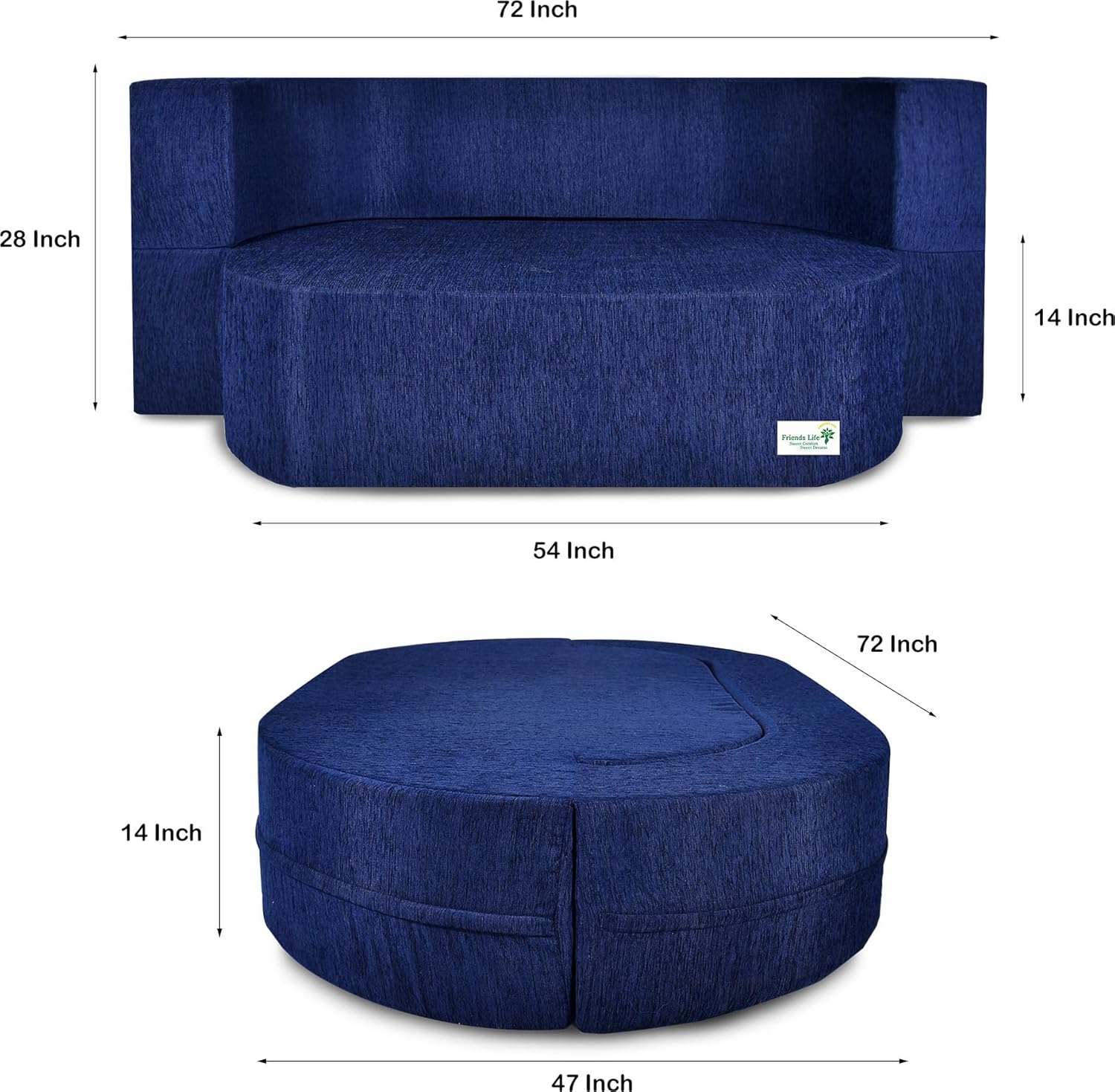 Sofa Bed 3 Seater 3 Pillow | Jute Finish Fabric, Blue (47X72X14) inches