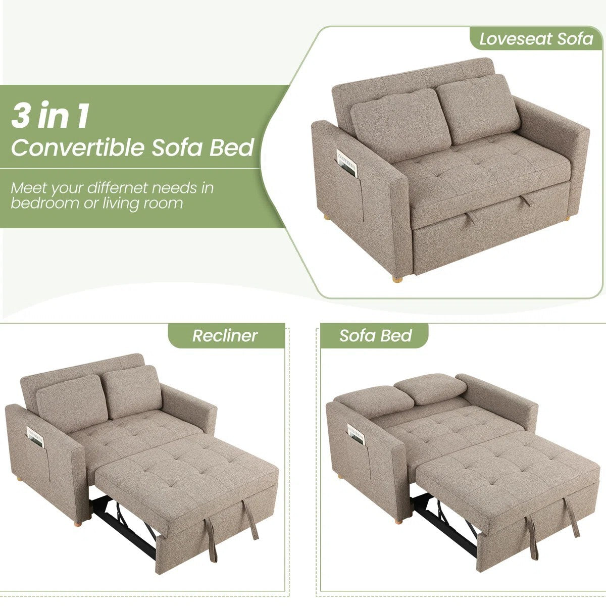 FRIENDS LIFE Dharius 48.5" Pull Out Convertible Sofa Bed 3 in 1 Upholstered Reclining Sleeper Sofa Cum Bed with Cushions Color Brown Grey