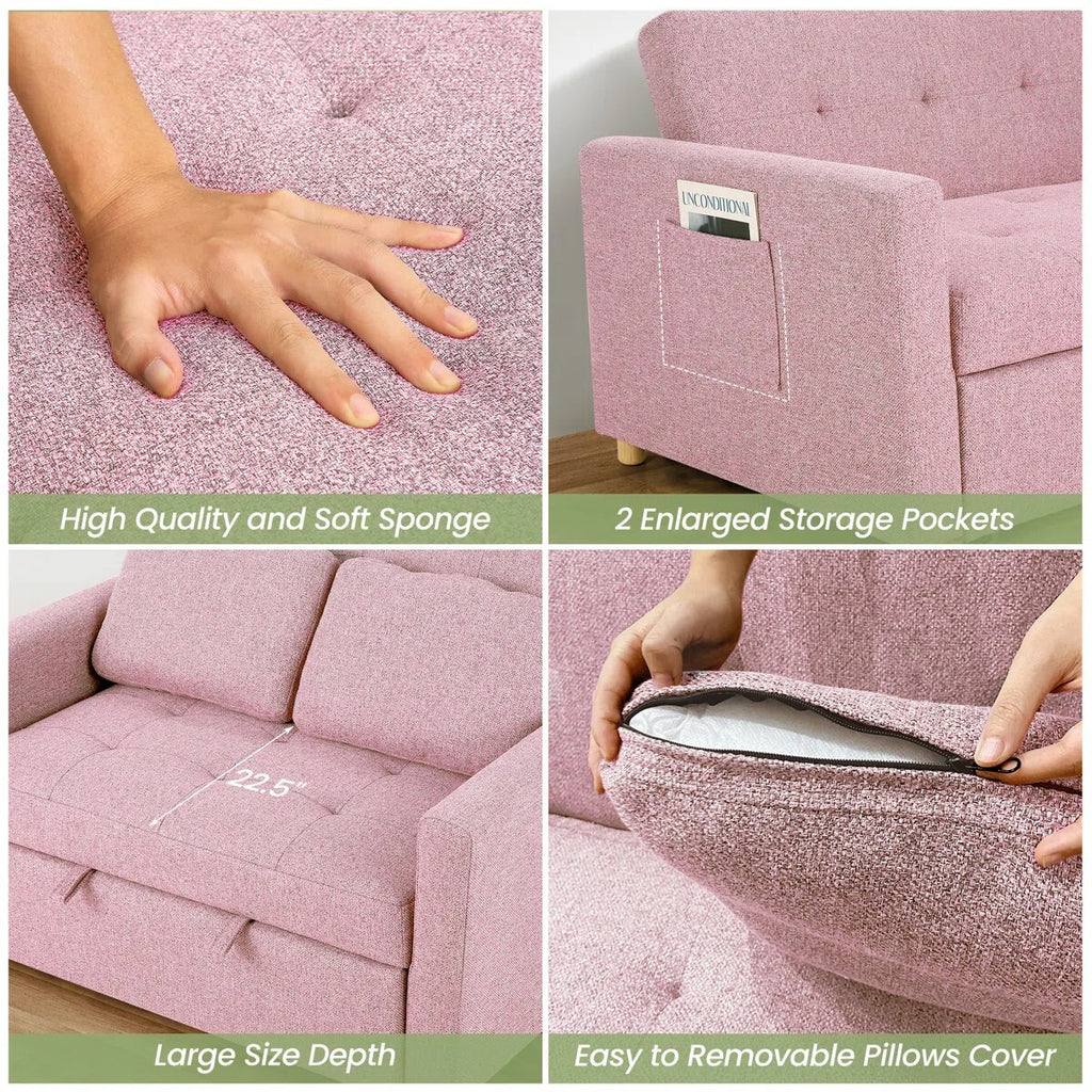 FRIENDS LIFE Dharius 48.5" Sofa Cumbeds 2 Seater Convertible 3 in 1 Upholstered Reclining Sleeper Sofa Cum Bed with Cushions Color Pink
