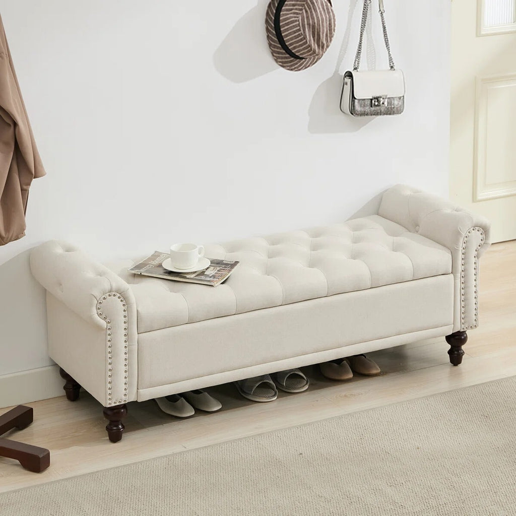 FRIENDS LIFE Segmented Storage Compartments Bedroom Bench, Ottoman Storage Bench | Velvet/Line Fabrics Multipurpose Settee for Living Room Casual Rectangular Color Beige