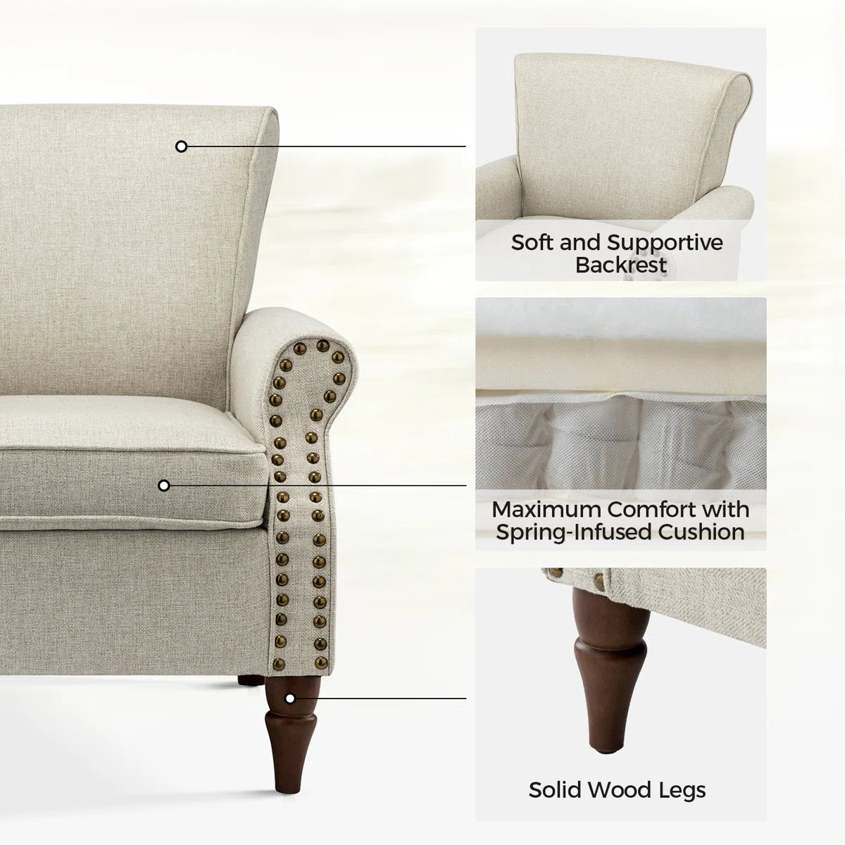 Upholstered Armchair with Solid Wood Legs