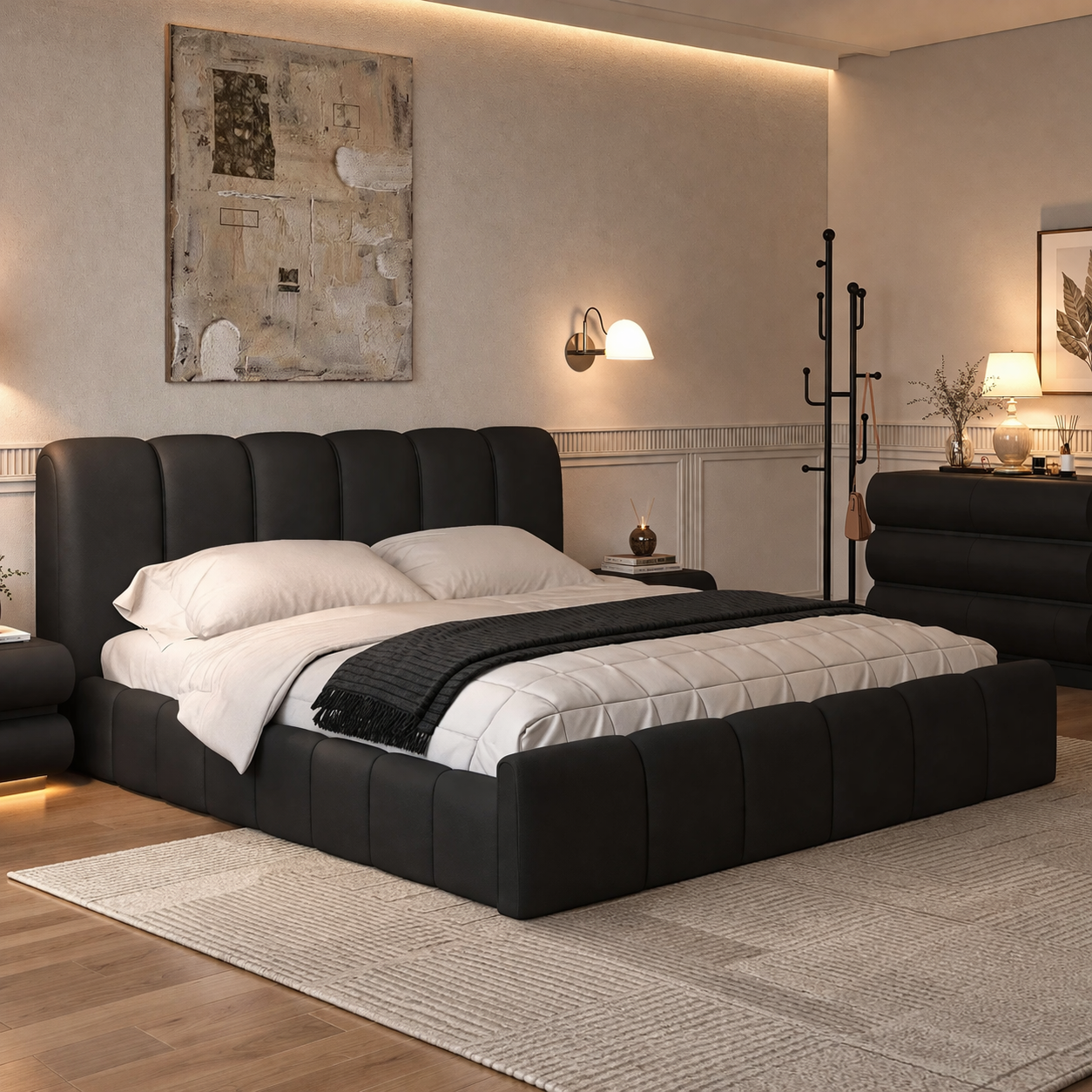 Modern Leather Wingback King Bed Frame with Upholstered Headboard