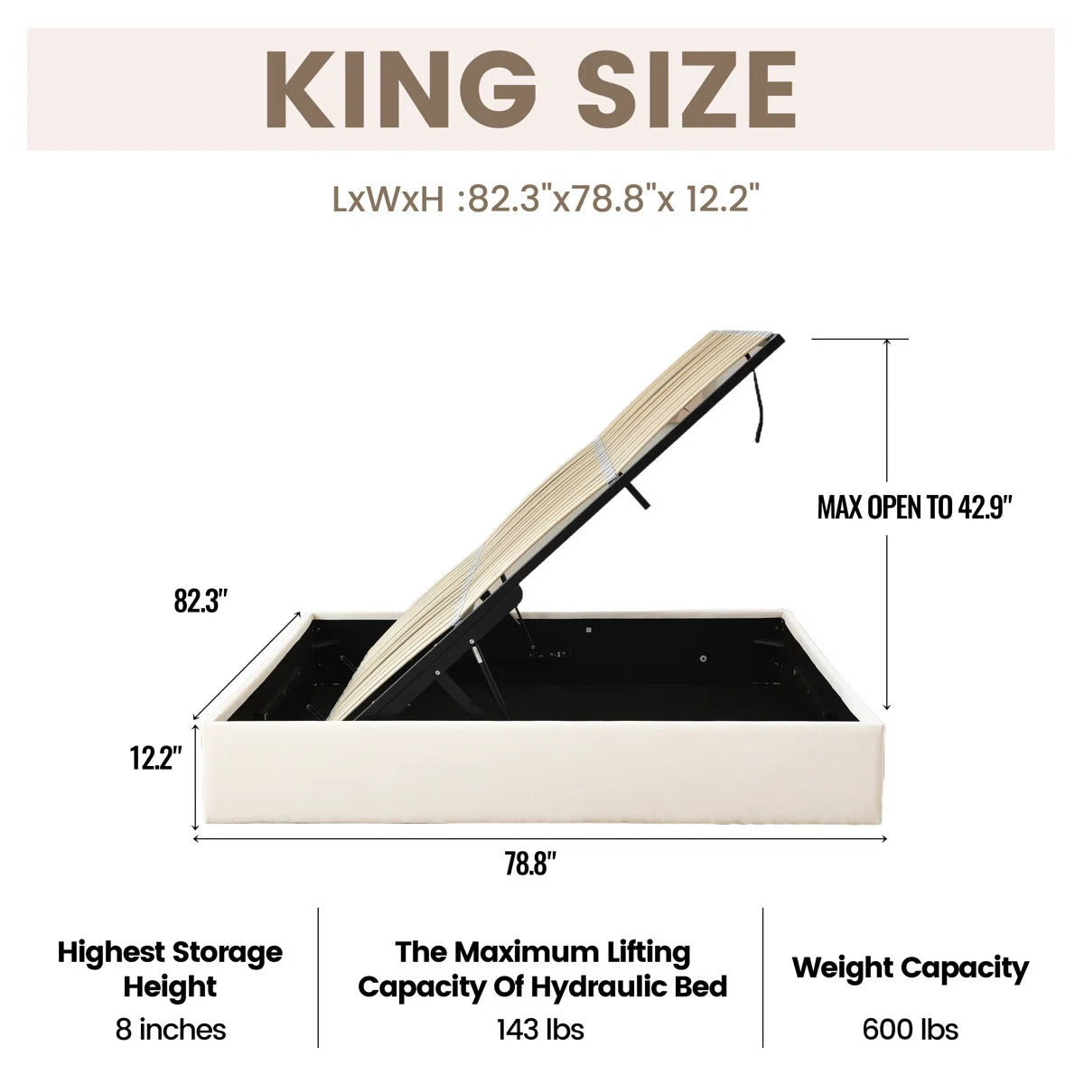 Aristedes Side Lift Up Platform Storage Bed Cream