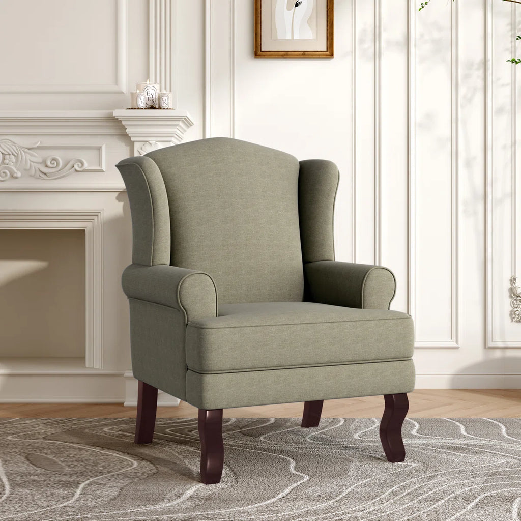 Light Camel Linen Upholstered Wingback Accent Chair with Rolled Arm and Solid Wood Leg