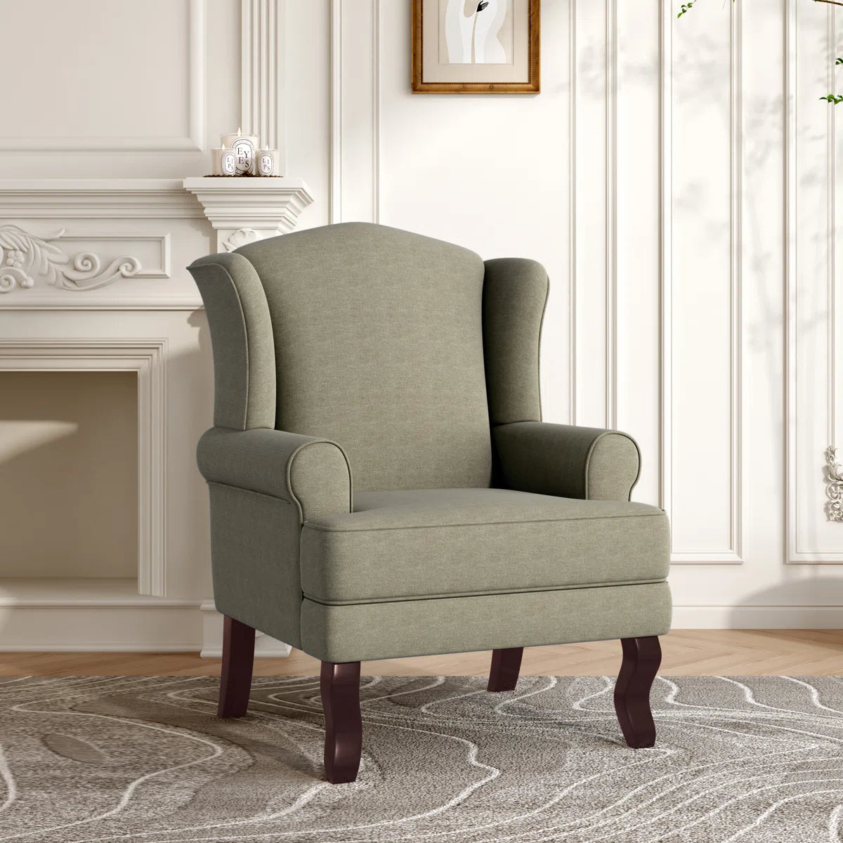 Light Camel Linen Upholstered Wingback Accent Chair with Rolled Arm and Solid Wood Leg
