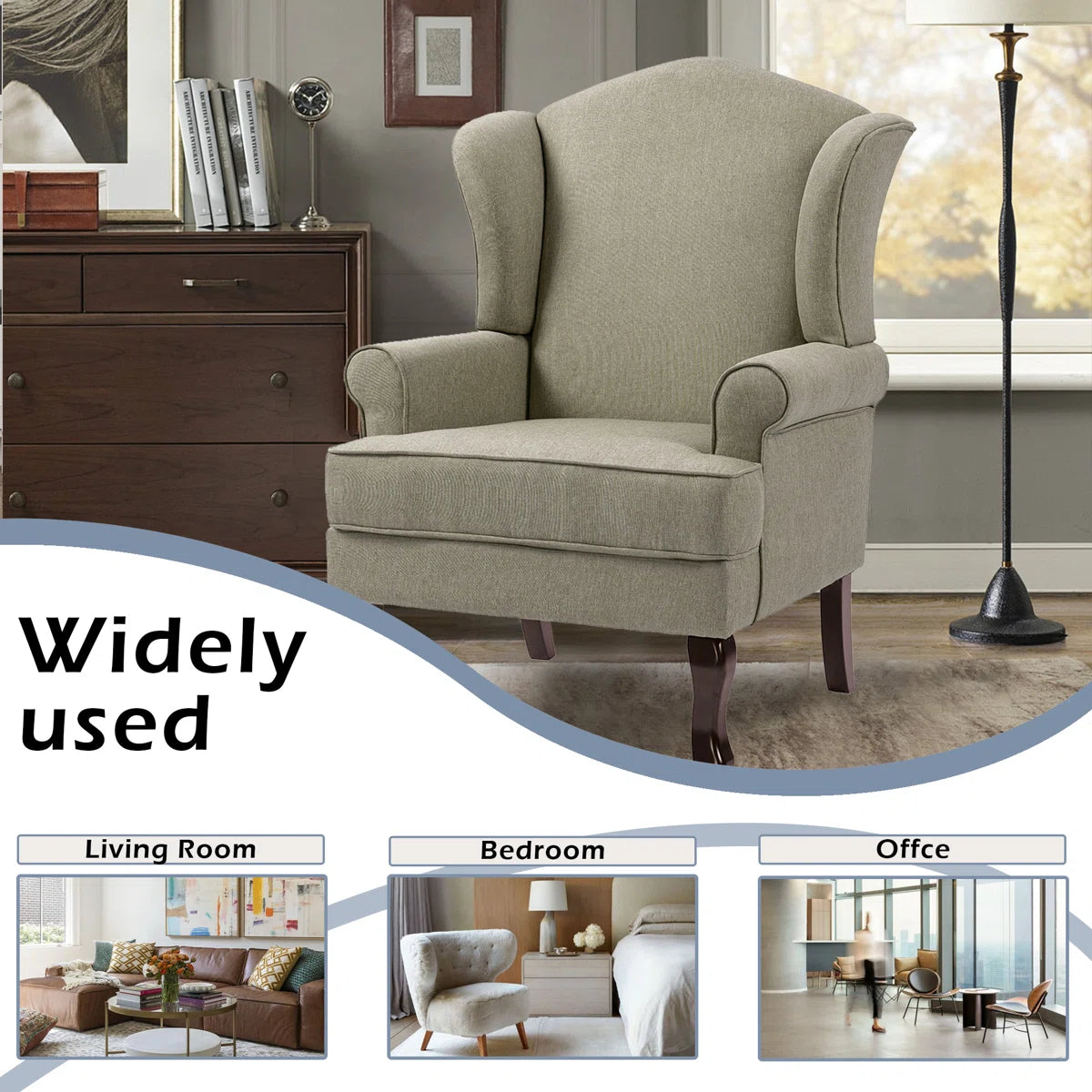 Light Camel Linen Upholstered Wingback Accent Chair with Rolled Arm and Solid Wood Leg