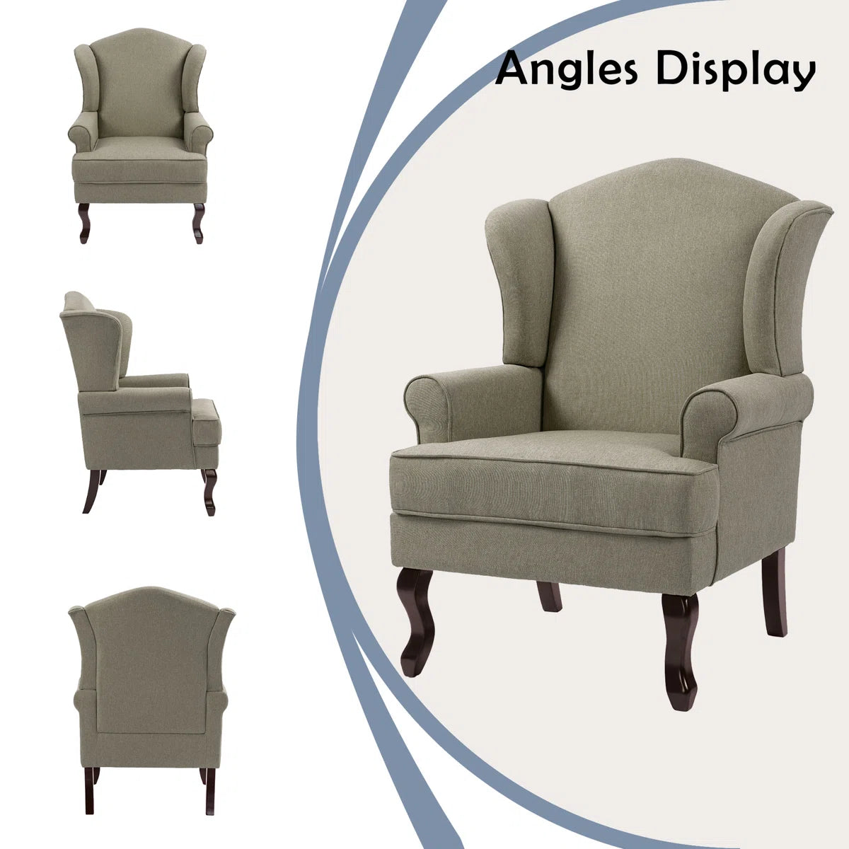 Light Camel Linen Upholstered Wingback Accent Chair with Rolled Arm and Solid Wood Leg