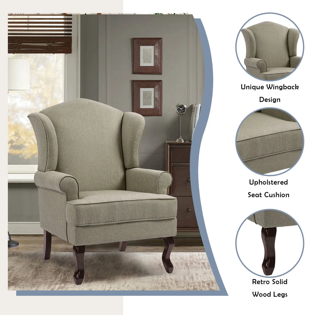 Light Camel Linen Upholstered Wingback Accent Chair with Rolled Arm and Solid Wood Leg