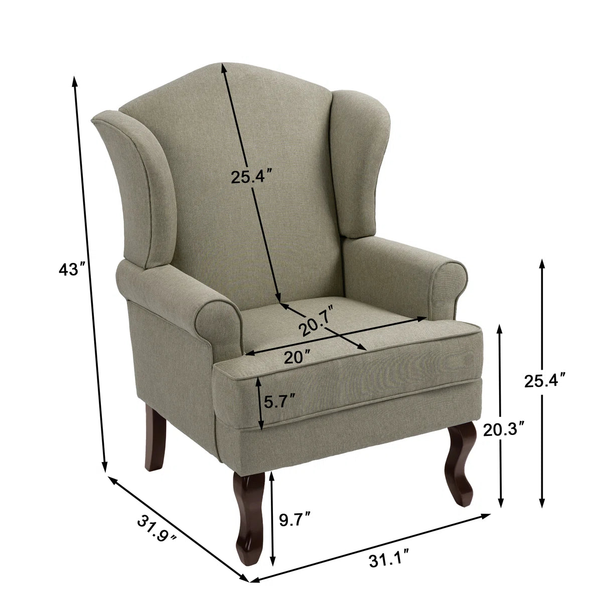 Light Camel Linen Upholstered Wingback Accent Chair with Rolled Arm and Solid Wood Leg