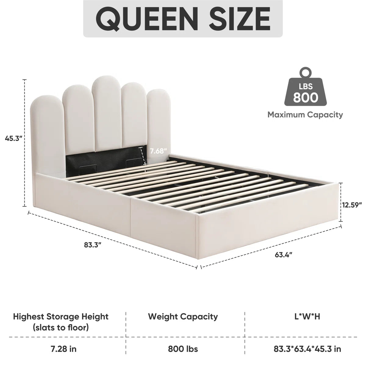 FRIENDS LIFE Velvet Palm shaped Headboard Full Bed Frame with Lift Up Storage, No Box Spring Needed, Cream