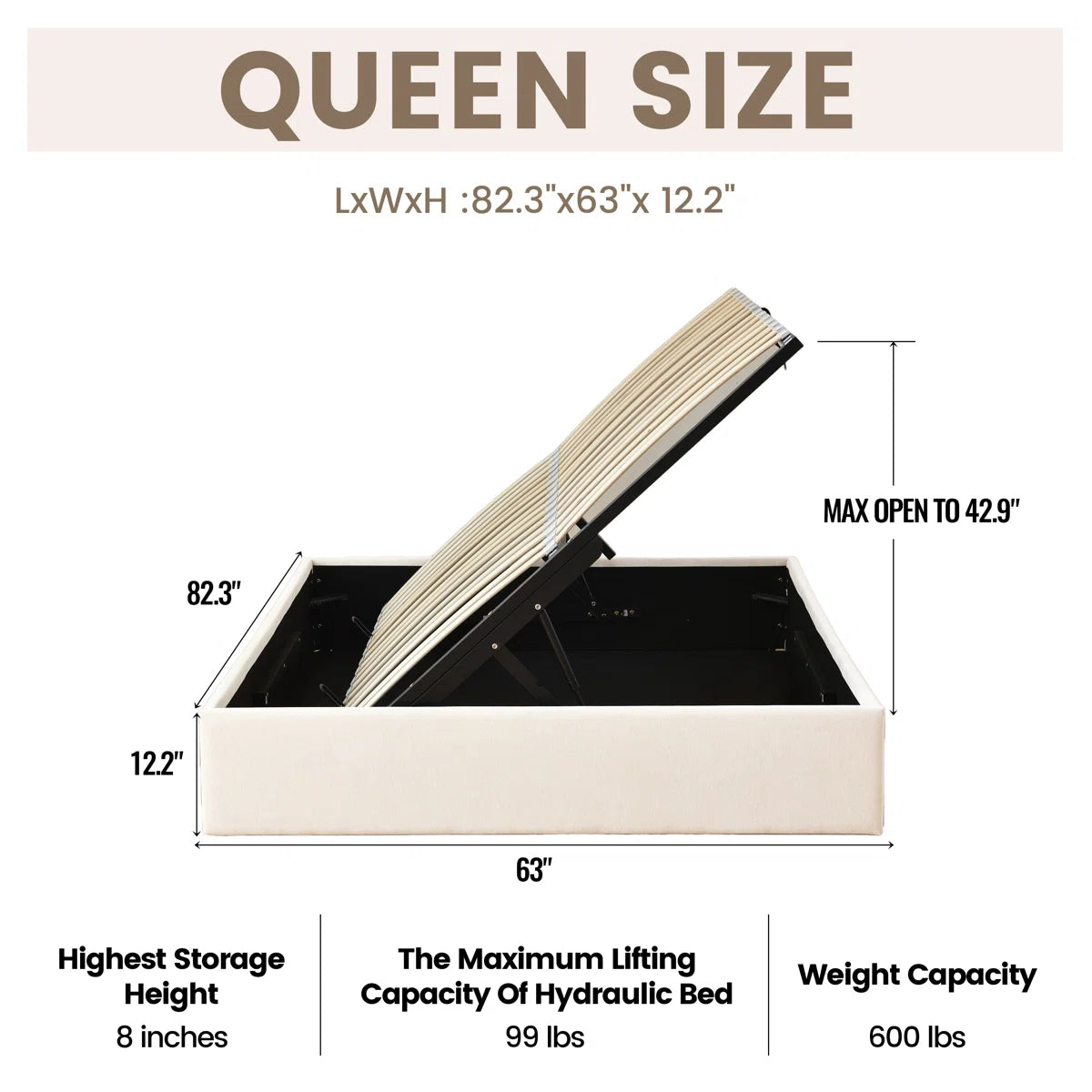 Aristedes Side Lift Up Platform Storage Bed Cream