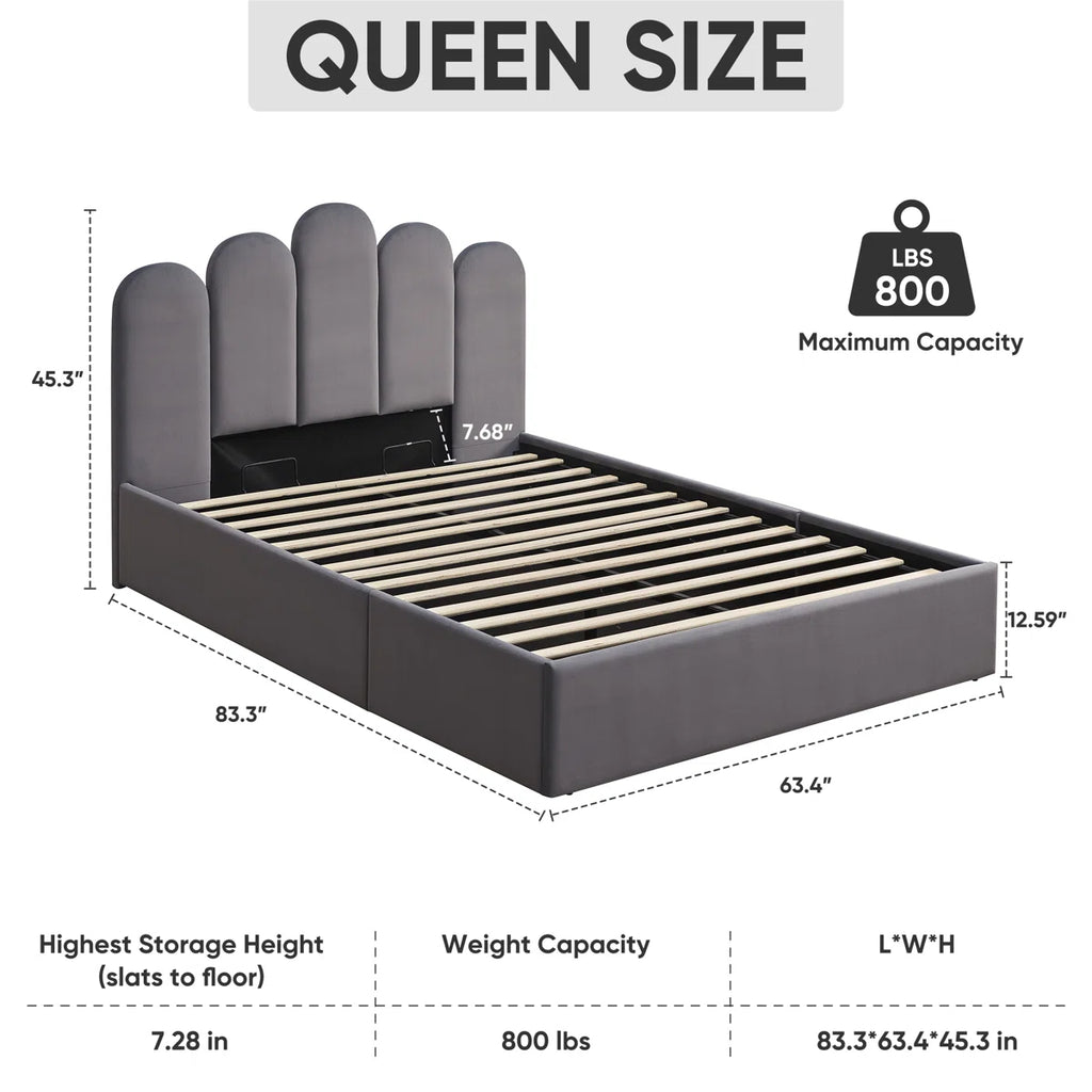 FRIENDS LIFE Velvet Palm shaped Headboard Full Bed Frame with Lift Up Storage, No Box Spring Needed, Gray